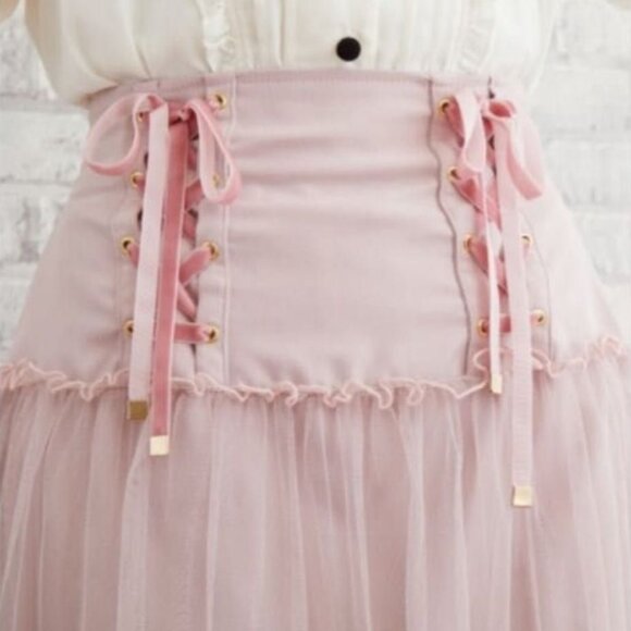 Liz Lisa Pink Lace Up Sheer Overlay Scalloped Maxi Skirt - Picture 3 of 5